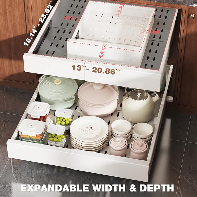 4 Pack Pull Out Cabinet Organizer Expandable Width(13"-21") and Depth(17"-24"),Slide Out Drawers With Raising Pad for Framed Cabinets,No Drill Roll Out Shelves for kitchen,Bathroom,White