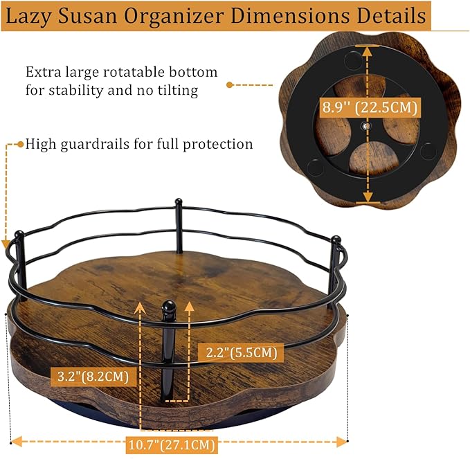 Lazy Susan Turntable Organizer with Higher Metal Sides, 11" Wooden Lazy Susan Spice Rack Organization and Storage for Cabinet,Kitchen,Countertop,Table Top,Dining Table,Coffee Bar Decor