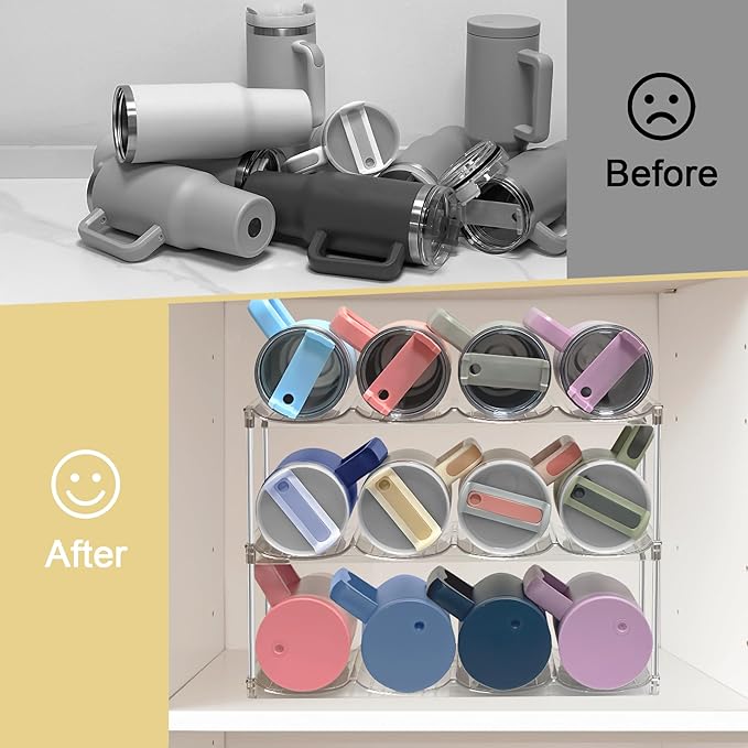 Stackable Water Bottle Organizer & Holder for Cabinet - Clear Acrylic Tumbler Storage Rack for Stanley 40oz Cups, Wine Bottles & Large Tumblers - 3-Tier Pantry and Kitchen Organizer Holds 12 Bottles﻿