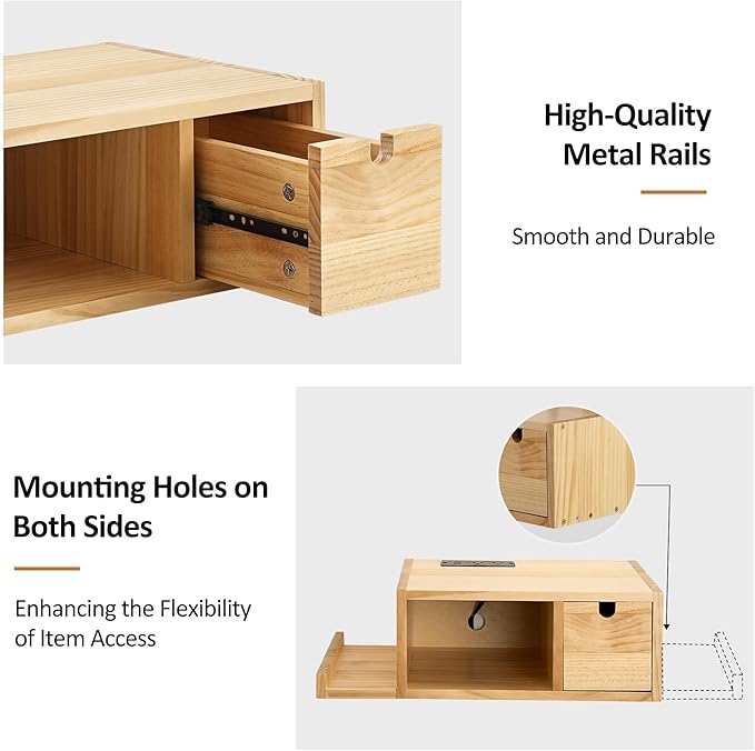 Afuly Floating Nightstand Set of 2 with Charging Station, Wall Mount Night Stands with Drawer Hanging Bedside Table End Table, Solid Wood Modern Side Table Shelf for Bedroom Natural Wooden Decor
