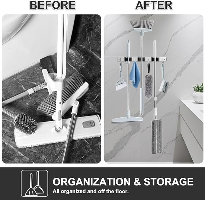 Broom Holder Wall Mount, Broom Organizer Wall Mount Stainless Steel Broom and Mop Hanger Heavy Duty Storage Organization for Home Kitchen Garden Garage Room 3 Racks 4 Hooks Black