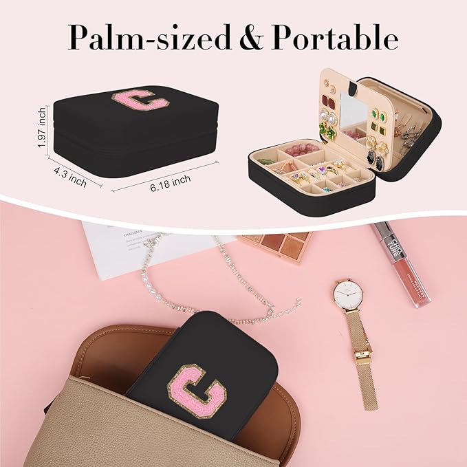 TopPerfekt Travel Jewelry Case, Jewelry Box with Mirror, Jewelry Organizer Bridal Shower Gifts to Her, Earring Storage Travel Case, Trendy Gift for Women and Girls, Girlfriend-Letter C, Black