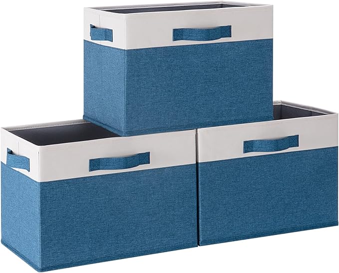 GhvyenntteS Storage Baskets for Shelves 3 Pack, Large Fabric Storage Bins with 3 Handles, Collapsible Closet Organizers and Storage, Sturdy Closet Organizer Bins/Laundry Room Organization, Blue
