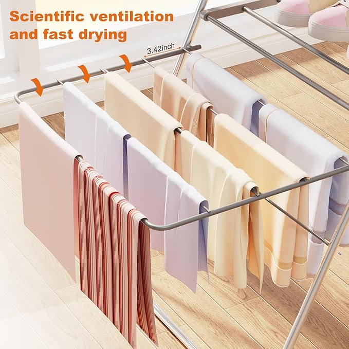 Bigzzia Clothes Drying Rack Foldable, 2-Level Large Laundry Drying Rack Collapsible, Stainless Steel Drying Rack Clothing for Indoor Outdoor, Easy to Fold, 33 Drying Rails, 142cm, Gray