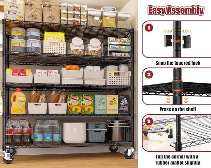 PrimeZone 4 Packs 48" W x 24" D x 81" H Heavy Duty Wire Storage Shelves with Wheels, 5 Tier Adjustable NSF Certified Garage Shelving Unit, Rolling Metal Organizer Shelf Rack for Warehouse, Pantry