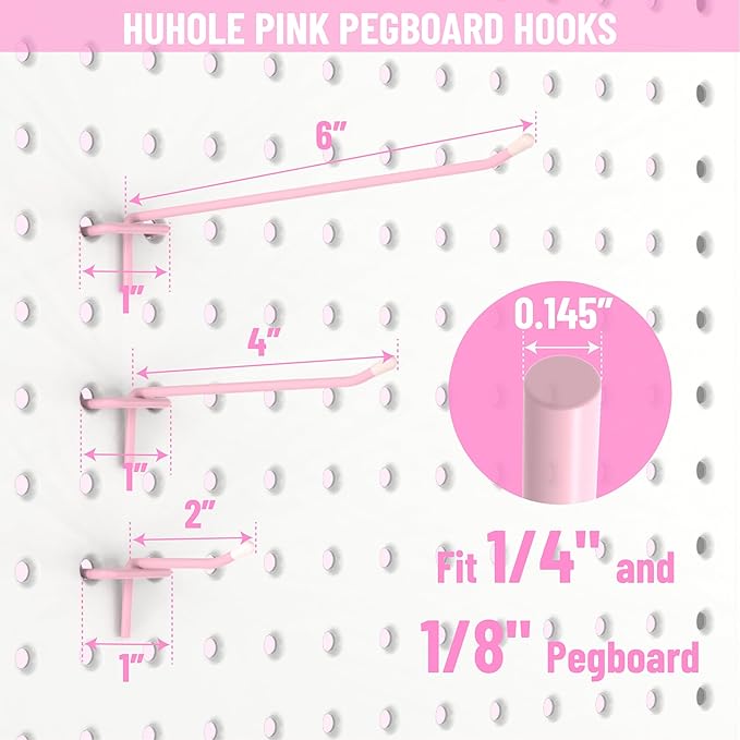 HUHOLE Pegboard Hooks 4 Inch 50PC, Pink Peg Board Hooks, Fit 1/4" or 1/8" Pegboard, Ideal Peg Board Organizer Accessories for Wall Display, Crafts Organization, Kitchen Organizer (Pink, 4 Inch)