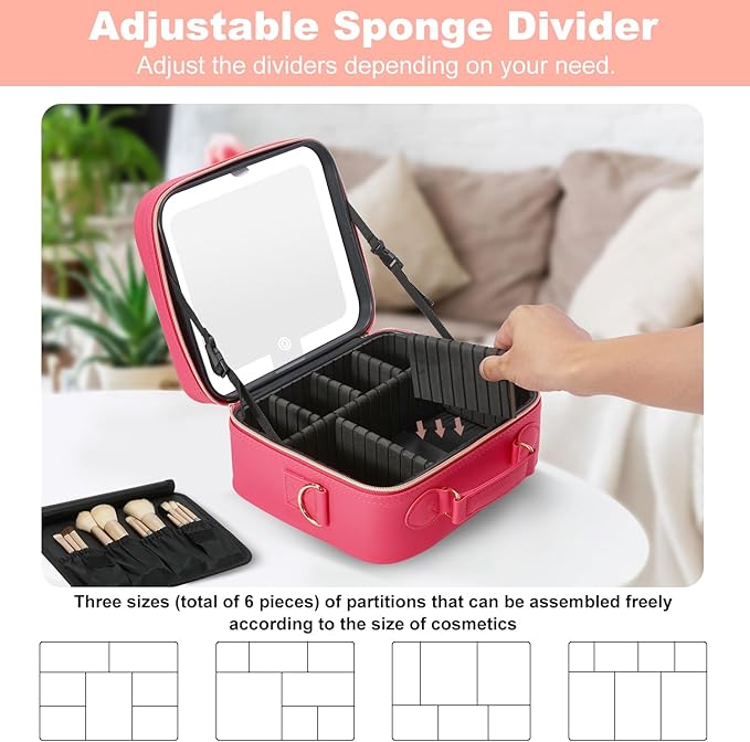 Mocado Travel Makeup Bag with LED Lighted Mirror,Travel Makeup Organizer,Makeup Case with 3 Color Lighted Setting and 10x Magnifying Mirror,Portable Storage and Adjustable Dividers Makeup Box(Red)