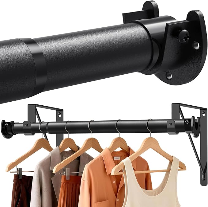 Closet Rods for Hanging Clothes with Triangular Brackets, 17 to 28 Inches Stepless Adjustable Closet Rod, 1.3 Inch Heavy Duty Closet Rod for Closet Wardrobe Laundry RV (Without Board/Black)