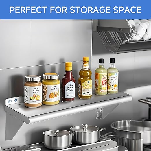 ROCKPOINT Stainless Steel Shelf 14 x 72 Inches 450lb, NSF Metal Commercial Shelves Wall Mount Floating Shelving with Backsplash for Restaurant, Kitchen, Home and Hotel, Silver