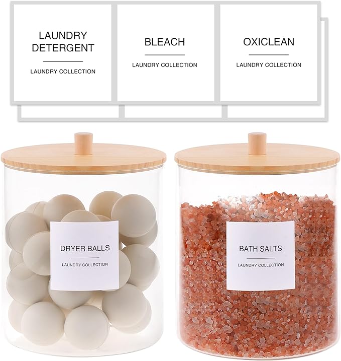 TIPGO Glass Jars for Laundry Room Organization, Laundry Pods Container with 27 Labels, Detergent Holder with Bamboo Lid, Cute Storage Jars (Set of 1)