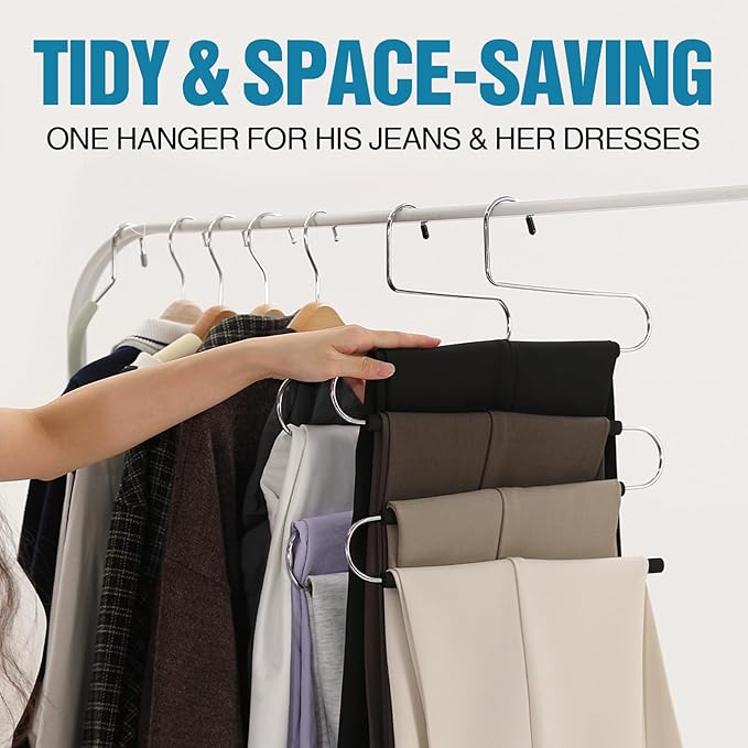 Multiple Space Saving Non Slip Foam Padded Pants Hangers 4 Tier Steel Open Ended No Creases Tiered Black 3 Pack