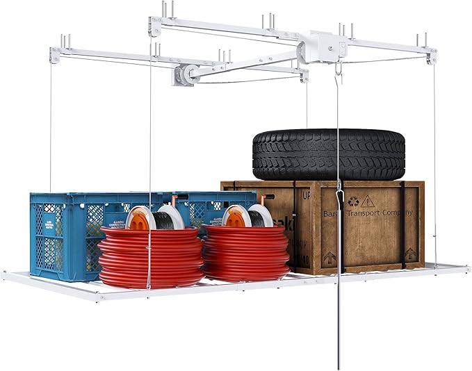 3x6FT Overhead Garage Storage Rack for High Ceilings 10-12 FT, Adjustable Garage Organization System, Heavy Duty Ceiling Storage Racks with Safety Lock,270LBS Capacity,White