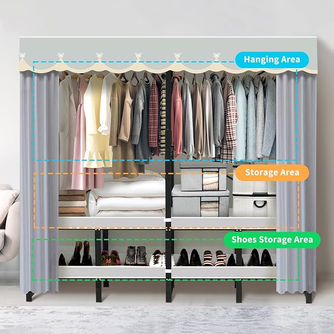 Portable Closet Rack Heavy-Duty Foldable Garment Racks with Cover 1200lbs Enclosed Wardrobe Closet with Independent Area for Hanging Clothes Storaging of Bedding (66in*20in*67in)
