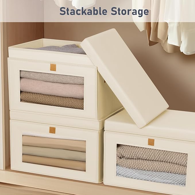 DIMJ Storage Bins with Lids - 6 Pack Large Fabric Closet Organizer with Window & Handles, Collapsible Decorative Storage Boxes for Shelves Under Bed, Books Clothes Blankets Sweaters Organization