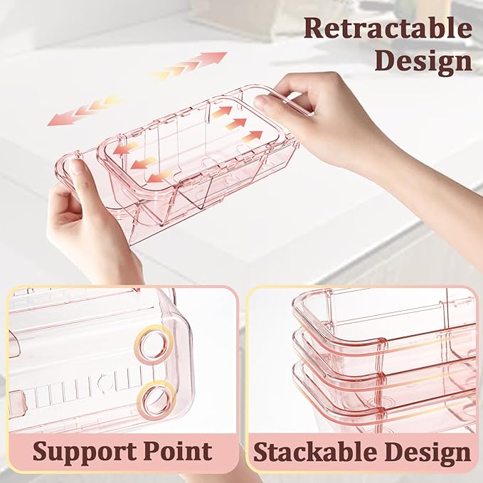 14 Pcs Adjustable Clear Drawer Organizer, Extendable Vanity Storage Bins, Desk Drawer Organizer Set for Makeup, Cosmetics, Bedroom, and Gadgets, Pink