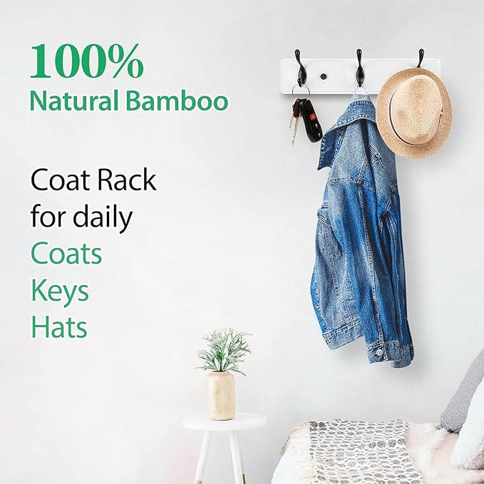 Wooden Coat Rack, Wall-Mounted Organizer for Closet, Entryway, Hallway, Foyer, Bedroom, Heavy Duty Double Hooks for Hanging Towels, Bags, Hats, Jackets, Key (WhiteBlack, 3 Hooks)