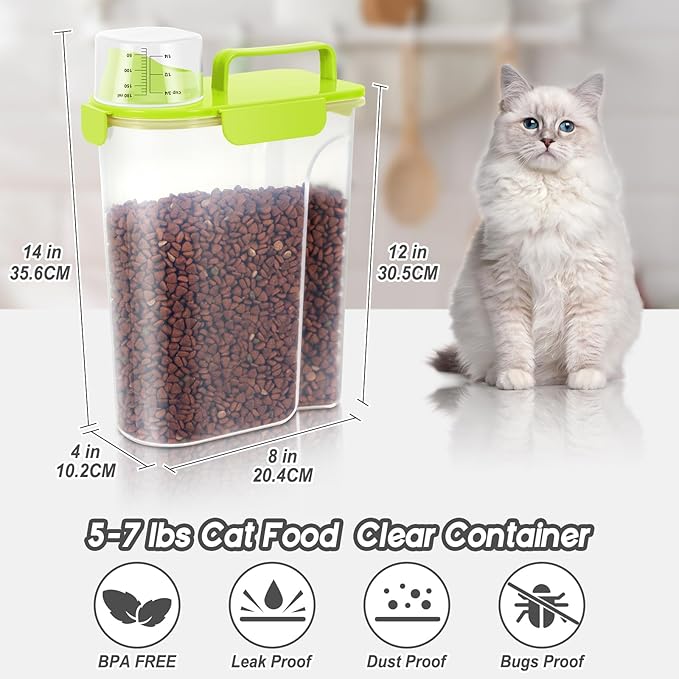 5 LBS/6Qt Pet Storage Container Portable with Upgraded Large Spout and Cup, Plastic Dog Cat Food Dispenser for Small Animal Kibble, Bird Seed, Oatmeal, Rice, Flour, Brown Sugart-2 Pack Sunshine Green