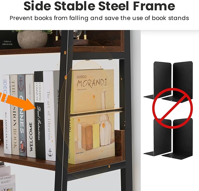 Himimi Bookshelf, Industrial Wood Bookshelves and Bookcases, Ladder Shelf 5 Tier with Metal Frame for Living Room, Bedroom, Kitchen, Home Office, Rustics Brown