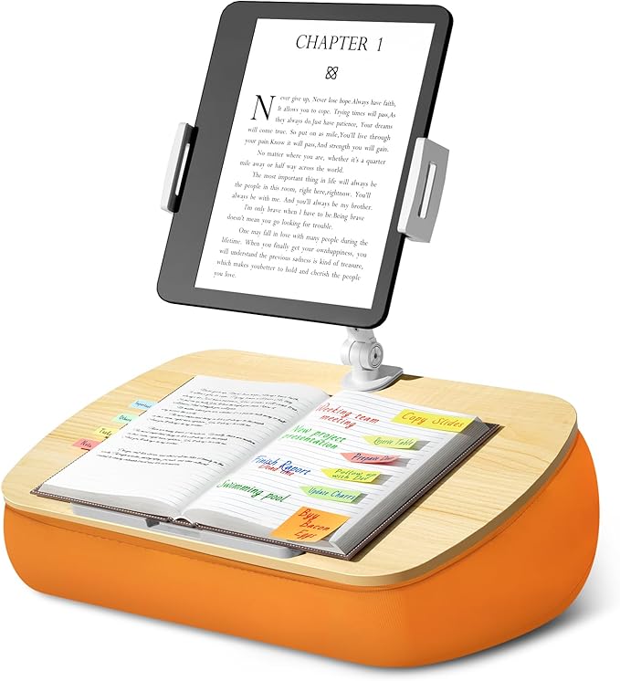 Cozy Kindle Pillow Stand with 360° Adjustable Tablet Holder, Wooden Panel, iPad Stand for Hands Free Reading in Bed, Couch, Sofa, Compatible with 4.7"-13" Kindle, iPad, Phone, up to 14"Laptop
