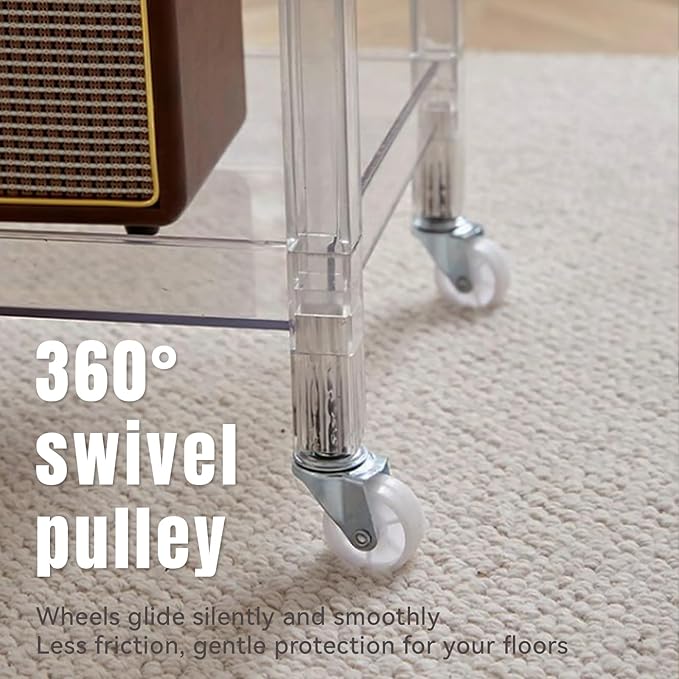 Acrylic Utility Rolling Cart, 3-Tier Clear Acrylic Storage Cart with Pulling Handle & 4 Wheels for Kitchen Living Room Dining Bathroom Laundry, Multifunction Serving Trolley for Small Spaces (Gray)