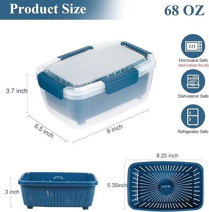 68oz Berry Keeper Fruit Storage Container for Fridge, Fresh Food Produce Saver Containers with Removable Drain Colanders, Vegetable Lettuce Keeper Bowl, Refrigerator Organizer, PRESS TO OPEN CLOSE LID