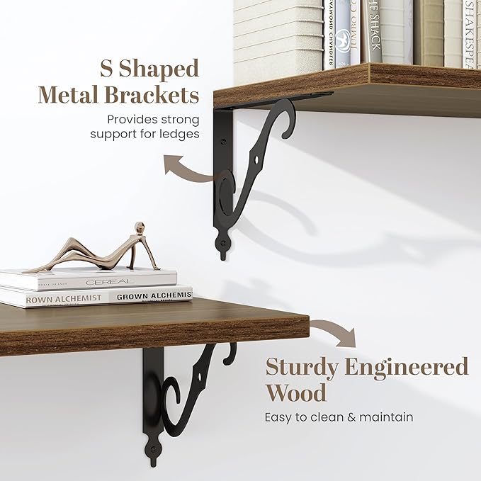 Fun Memories Large Floating Shelves for Wall 48 Inches Long, 12 Inch Deep Shelves with Metal Bracket, 48 Inch Floating Shelves Wall-Mounted, Wide Display & Storage Bookshelves, Walnut, Set of 2