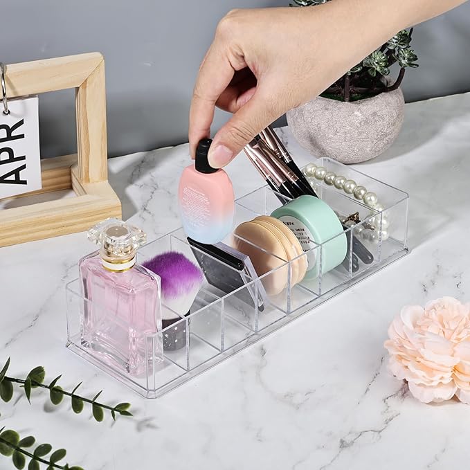 Acrylic Makeup Brush Organizers,3 Pack 8 Section 8 Compartments Transparent Plastic Lipstick Holder Clear 9.96x3.46x1.81 Inches Storage Square Cube for Bathroom Jewelry Accessories