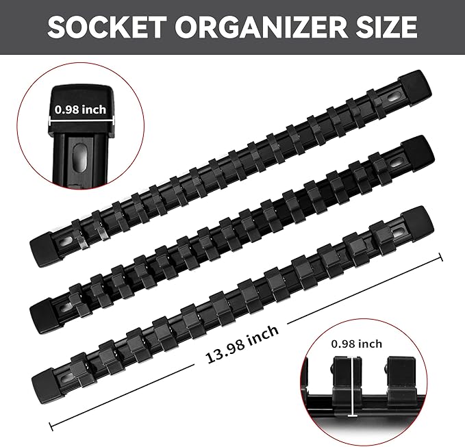 Socket Organizer Drive ABS Tools - Black Socket Holder, Premium Quality 18 Pieces Socket Holders Kit 1/4-Inch x 96 Clips, 3/8-Inch x 90 Clips, 1/2-Inch x 72 Clips（18PC,Black)