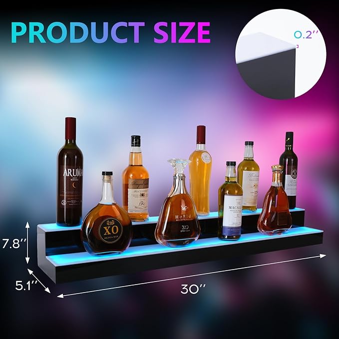 Led Lighted Liquor Bottle Display Shelf, 30 Inch 2 Tier Whiskey Rack, Support USB, Bar Stand with RF Remote & App Control, Illuminated Acrylic Lighting Shelves for Home Bar, Party