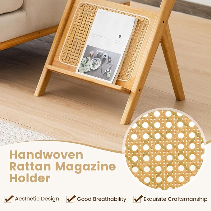 GOFLAME Rattan Side Table Set of 2, Z-Shaped End Table with Tempered Glass Top, Magazine Rack, Boho Night Stand, Small Coffee Table, Bamboo Accent Bedside Table for Living Room, Bedroom, Natural