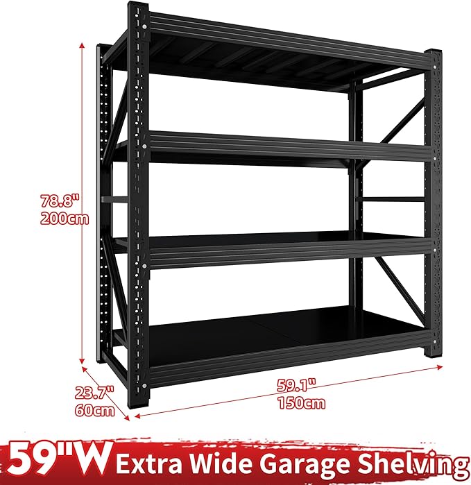 5000LBS Heavy Duty Garage Shelving 59" W Garage Storage Shelves 4-Tier Metal Adjustable Shelf Unit Storage Rack for Basement Supermarket Warehouse 59" W x 24" D x 78" H Black