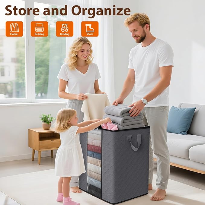 SpaceWhisper 4 Pack 100L Clothes Storage, Foldable Thick Fabric Blanket Storage Bags, Containers for Organizing Bedroom, Closet, Clothing, Comforter,Closet Organization with Handle,Grey