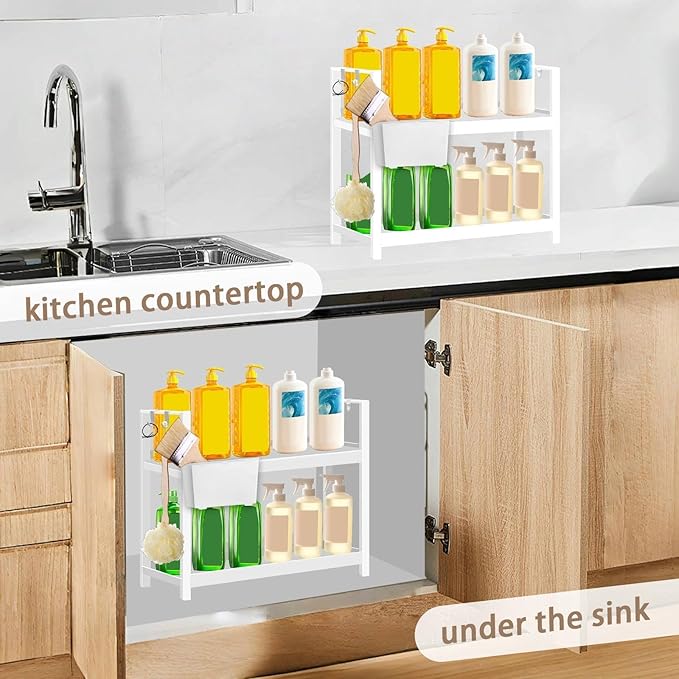 Bathroom Organizer with Basket & Hooks, 2 Tier Bathroom Organizers and Storage for Perfume, Cologne or Spice, White Countertop Organizer for Vanity, Kitchen, Office or Under Sinks