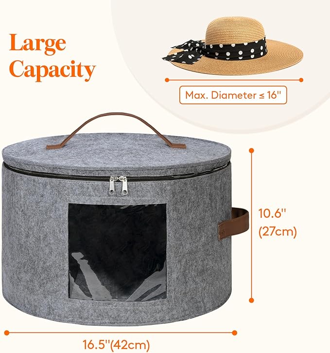 Lifewit Round Cowboy Hat Box for 7 Caps, Large Felt Hat Organizer Bag for Men & Women Storage, Baseball Cap Container with Dustproof Lid for Travel, Foldable 16.5" D x 10.6" H Carrier, Gray
