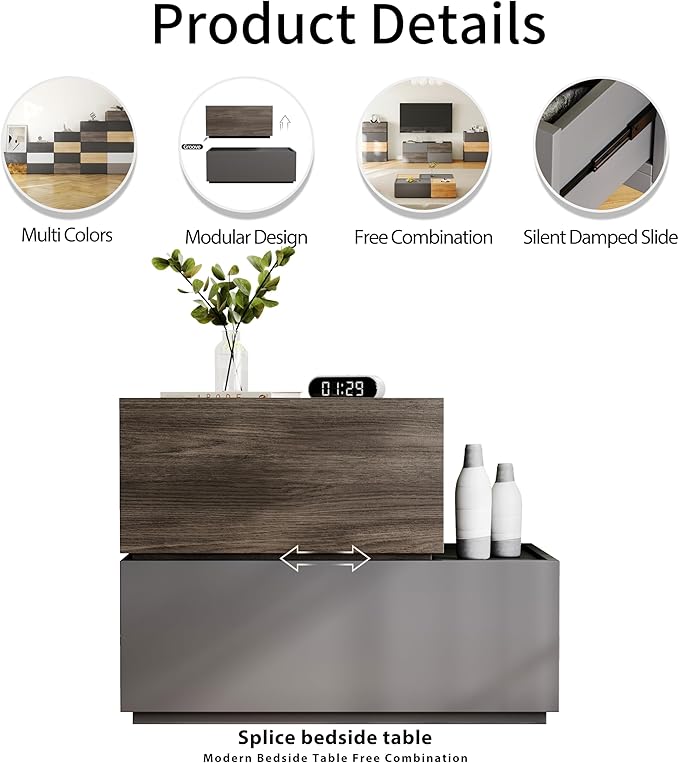 Modular Stackable Drawers, Modern Nightstand Modular Storage Bins - Storage Cabinet, Bedside Table, Sofa End Table for Living Room Hallway Entryway Walnut Small Set 1