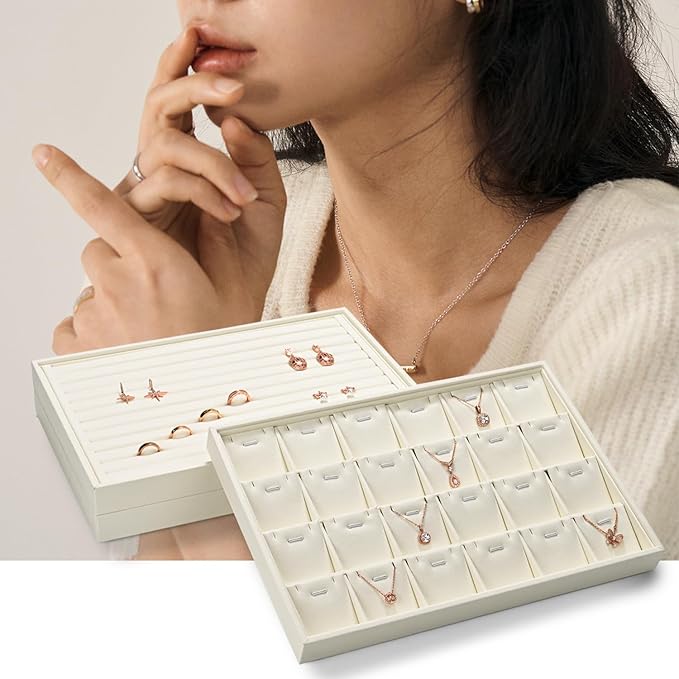 24 Grids Microfiber Jewelry Trays Ring Earrings Organizer Tray Stackable Jewelry Drawer Organizer(Beige)