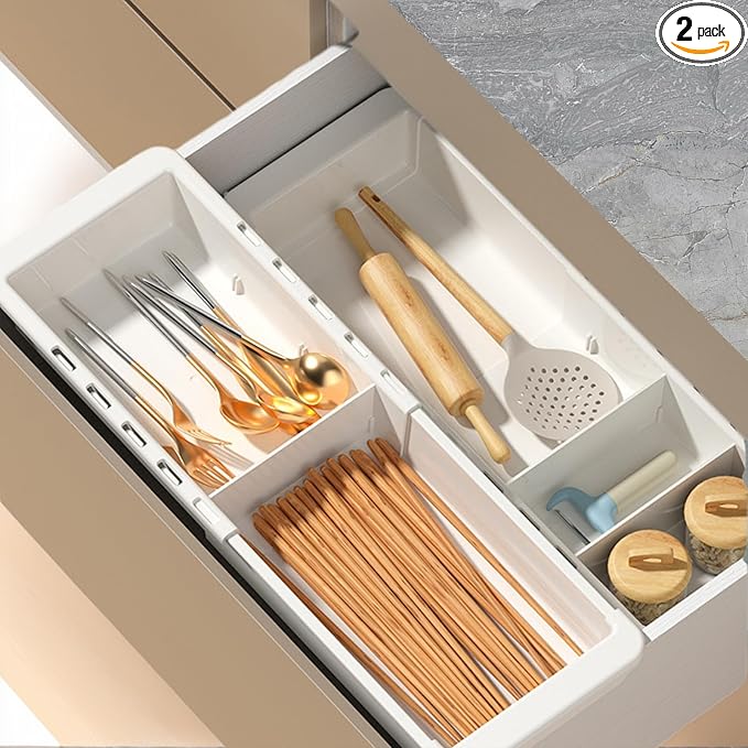 Deep Drawer Organizer, Expandable Storage Trays with Adjustable Dividers, Collapsible & Stackable for Kitchen, Bathroom, Office, Makeup - 2 Pack, White
