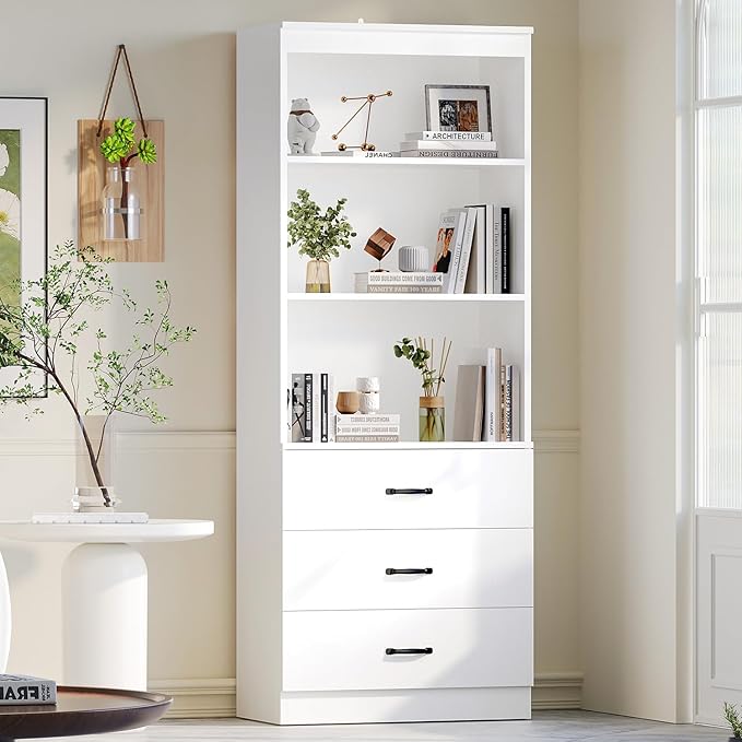 oneinmil 70" H 6-Tier Bookshelf with 3 Drawers, White Bookcase with 3-Tier Open Shelves, Tall Book Shelf with Storage Space, Wooden Storage Cabinet for Living Room, Bedroom, Office (White, 6-Tier)