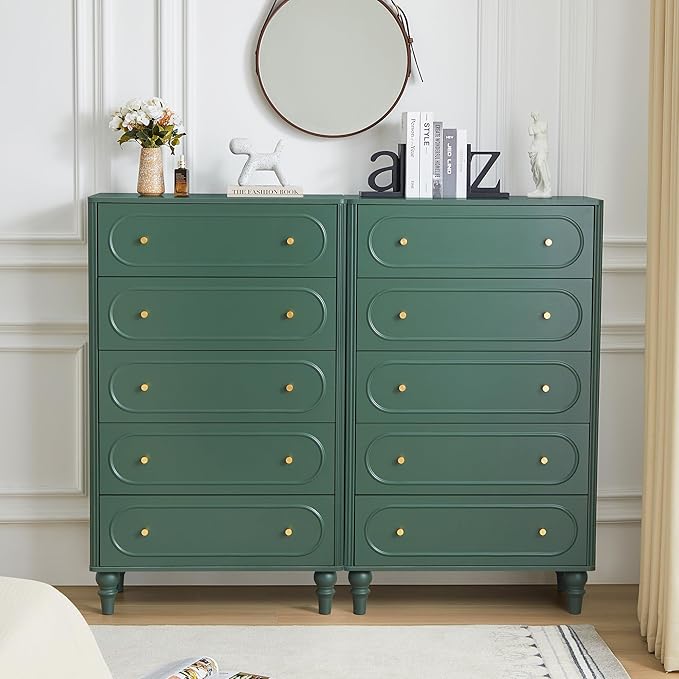 5 Drawer Fluted Dresser for Bedroom, Mid Century Modern Chest of Drawers, Wood Storage Large Dresser Organizer for Bedroom Living Room Hallway Closet, Green