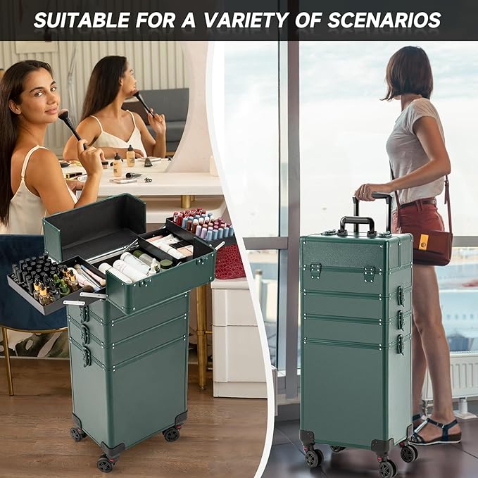 Leeora&Leekoo Portable Multi-Storey Nail Case for Nail Tech Organizer - Wheels Makeup Case Organizer, Cosmetic Case, Makeup Train Case, Make Up Case (Green)