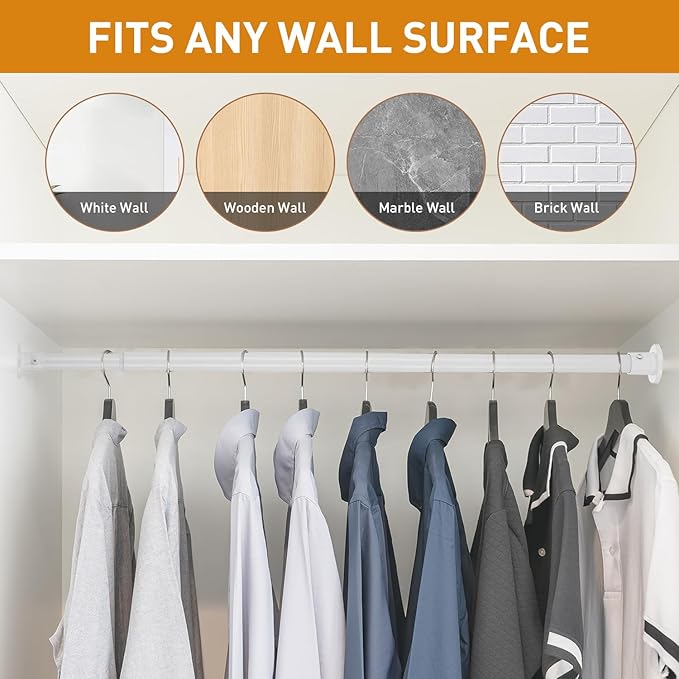 White Adjustable Closet Rod 18-77 Inches, Heavy Duty Metal Clothes Hanging Rod, Rust-Proof Non-Slip Wardrobe Bar for Closet, Laundry Room, RV