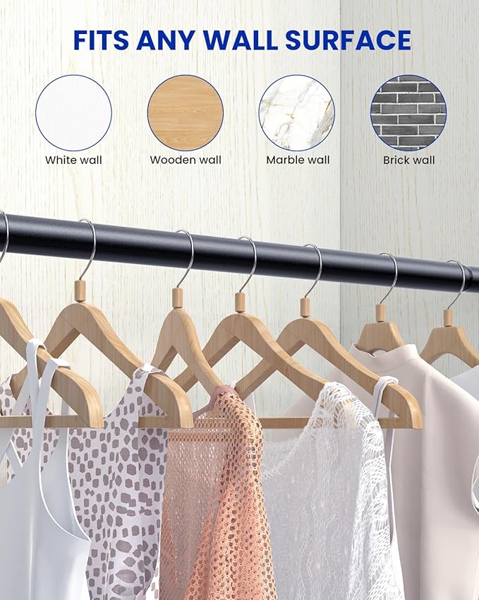 Closet Rods for Hanging Clothes, 17 to 129 Inches Stepless Adjustable Metal Closet Rod, 1.3 Inches Heavy Duty Clothes Hanging Rod for Closet Wardrobes Laundry RV, Black