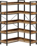 Rolanstar Bookshelf 5 Tier with 4 Hooks, Reversible Corner Bookshelf, 65" Industrial Wooden Bookcase with Open Shelves and Metal Frame for Living Room, Bedroom, Home Office, Rustic Brown