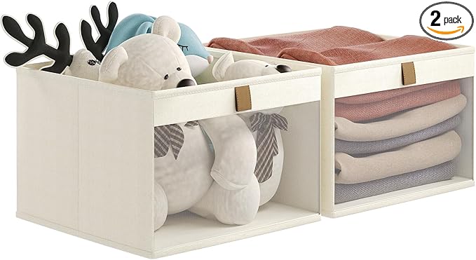 Linen Closet Organizers and Storage, Closet Storage Bins Basket Organizer, Foldable Organization Baskets with Mesh Window for Clothes Towels and Toys, 12.75" x 12.75" x 9", Beige, 2 pack