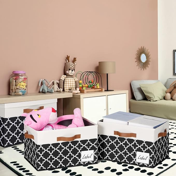 GhvyenntteS Fabric Storage Bins with Lids 3 Pack, Foldable Fabric Storage Boxes with Lids and 3 Handles, Sturdy Closet Organizers and Storage Bins with Label Window for Home (White&Lattice Black)