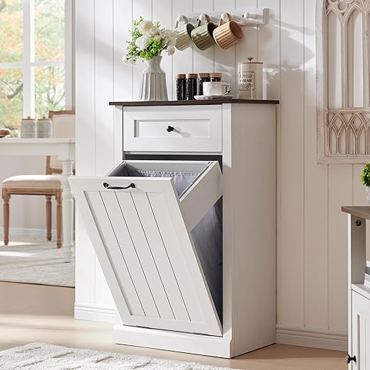 Tilt Out Trash Can Cabinet, 10 Gallon Farmhouse Laundry Hamper Cabinet with Drawer, Hidden Wooden Trash Garbage Can Bin with Storage Basket for Kitchen, Living Room (Antique White)
