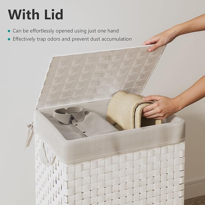 Foldable Laundry Hamper Basket with Lid by Fiona's magic, Handwoven 96L Large Clothes Hamper with Removable Liner Bags, Collapsible Tall Hamper for Bedroom, Bathroom and Dorm Organizer, 2Pack, White