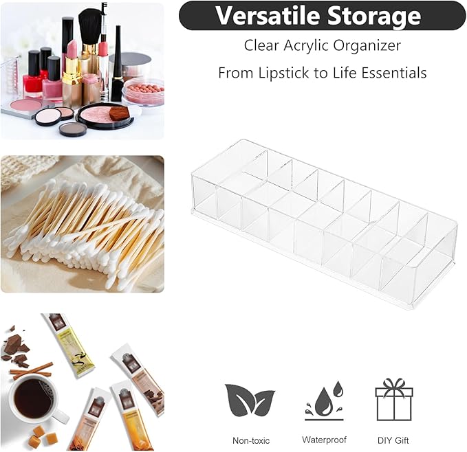 Acrylic Makeup Brush Organizers,2 Pack 8 Section 8 Compartments Transparent Plastic Lipstick Holder Clear 9.96x3.46x1.81 Inches Storage Square Cube for Bathroom Jewelry Accessories