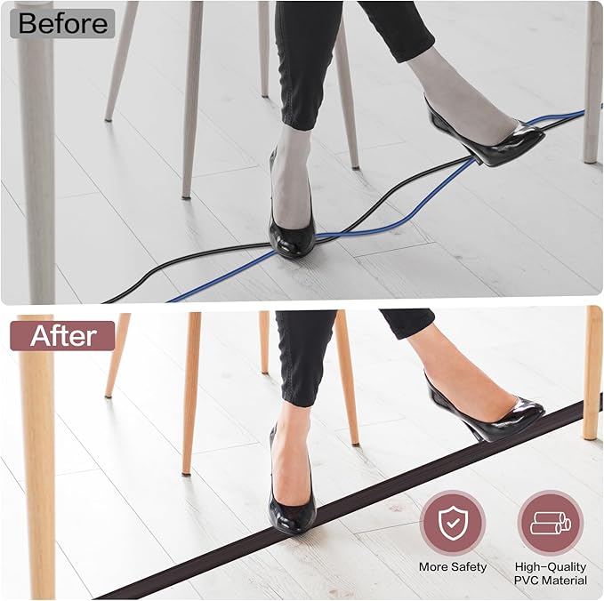 Floor Cord Cover Self Adhesive Cord Hider Floor Extension Cord Covers for Floor Power Cord Protector Cable Management Prevent Cable Trips Cable Cavity 0.51" W x 0.31" H (Dark Walnut, 3.3Ft)