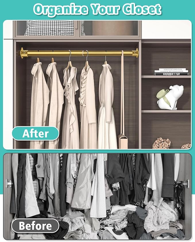 Closet Rod, 17 to 28 Inch Heavy Duty Adjustable Metal Clothing Rack for Hanging Clothes, Closet Poles for Wardrobes, Laundry, Durable Steel, Gold（Upgraded Extra Strong）